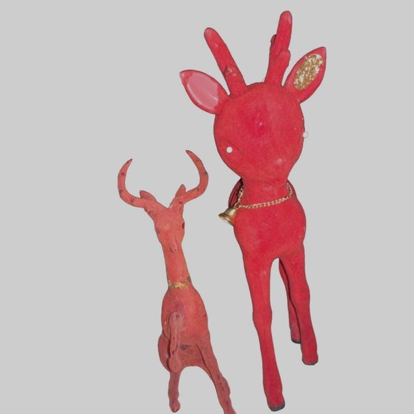Red Flocked Felt Christmas Reindeer 2 Vintage Deer - Picture 16 of 16